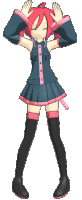 a girl with red hair and black knee high socks is making a funny face