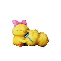 a yellow chicken with a pink bow on its head is holding a blue brush