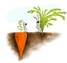 two rabbits are standing next to a large carrot in the dirt