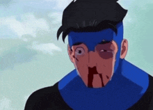 a cartoon character with a blue mask on his face is bleeding from his nose .