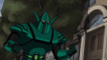 a cartoon of a man in a yellow and black jacket fighting a green robot