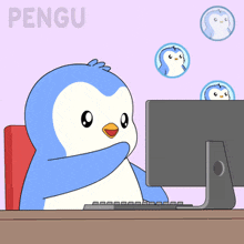 a cartoon of a penguin sitting in front of a computer with the word pengu above him
