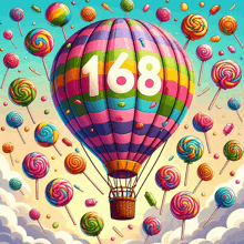 a hot air balloon with the number 168 surrounded by lollipops