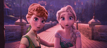 anna and elsa are standing next to each other on a sidewalk