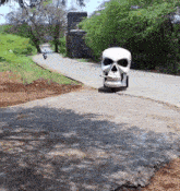 a large white skull sits on the side of the road