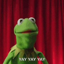 kermit the frog says yay yay yay on a stage