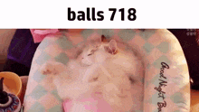 a cat is laying on top of a pillow with the words `` balls 714 '' written on it .