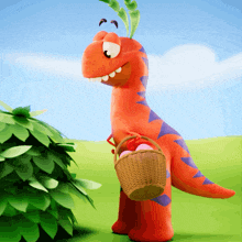 a cartoon dinosaur is holding an easter basket full of eggs