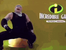 a man is squatting down in front of a sign that says " incredibles "