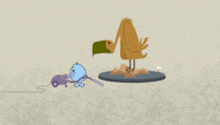 a cartoon drawing of a bird with a vacuum cleaner behind it