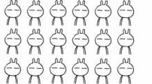 a black and white drawing of a bunch of rabbits standing next to each other on a white background .