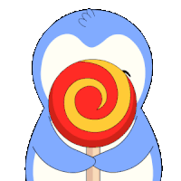 a cartoon penguin is holding a red and yellow lollipop