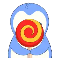 a cartoon penguin is holding a red and yellow lollipop