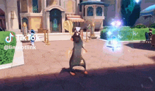 a cartoon rat is standing on its hind legs in front of a building .