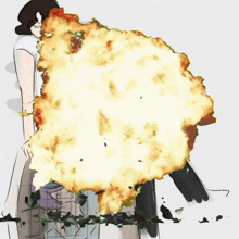 a drawing of a woman holding a large explosion with the word ' explosion ' on it