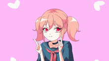a drawing of a girl with pink hair and red eyes