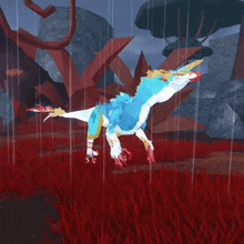 a cartoon drawing of a blue and white animal in a field of red grass