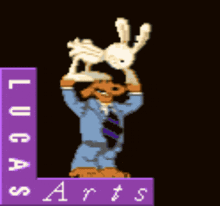 a lucas arts logo with a man holding a rabbit