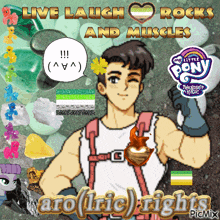 a picture of a man with the words live laugh rocks and muscles above him