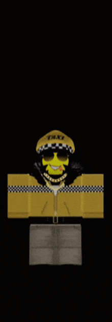 a cartoon character wearing a hat and sunglasses with a smiley face on it