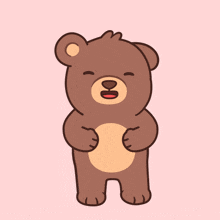 a brown teddy bear with its arms outstretched against a pink background