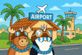 a moose and penguin are standing in front of an airport sign