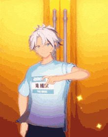 a pixel art of a boy wearing a t-shirt with a name tag that says ' akira ' on it