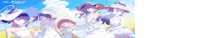 a group of anime girls wearing white dresses and hats are standing in a field