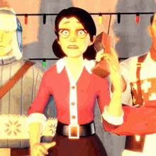 a woman with glasses and a red shirt is holding a box in her hand