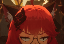 a close up of a red haired anime girl with glasses and cat ears