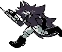 a black and white drawing of a cartoon character holding a gun with the letter m on it