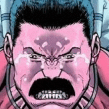 a man with a mustache is crying with tears running down his face in a comic book .