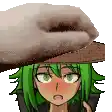 a pixel art of a girl with green hair holding a piece of wood on her head .
