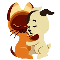 a cat and a dog are hugging each other