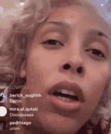 a close up of a woman 's face with the words i love you on the bottom