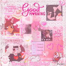 a pink and white collage with the words good morning written on it