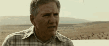 a man in a plaid shirt stands in front of a desert