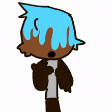 a drawing of a person with blue hair and the word eeee on the bottom
