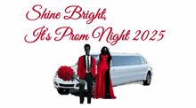 a prom night poster with a man and woman standing in front of a limousine