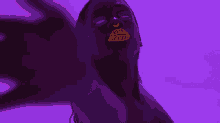 a man without a shirt is dancing in front of a pink background .