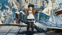 a girl in a video game is holding a giant robotic arm with the number 909 written on it
