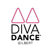 a diva dance gilbert logo with pink triangles on a white background