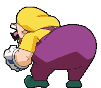 a pixel art drawing of a cartoon character wearing purple pants and a yellow hat .
