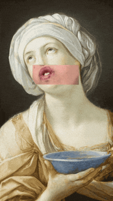 a painting of a woman holding a bowl with a pink sticker on her face
