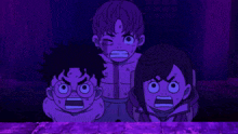 three cartoon characters with angry faces are standing next to each other in a purple room