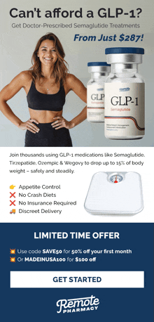 an advertisement for remote pharmacy shows a woman standing next to a scale