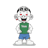 a cartoon character wearing a green yes shirt