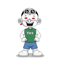 a cartoon character wearing a green yes shirt