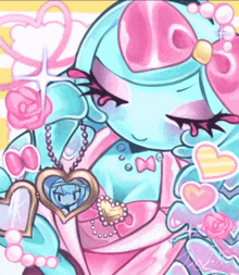 a cartoon drawing of a girl with a heart necklace