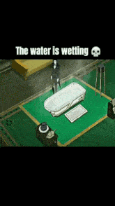 a man standing in front of a bathtub that says the water is wetting on it
